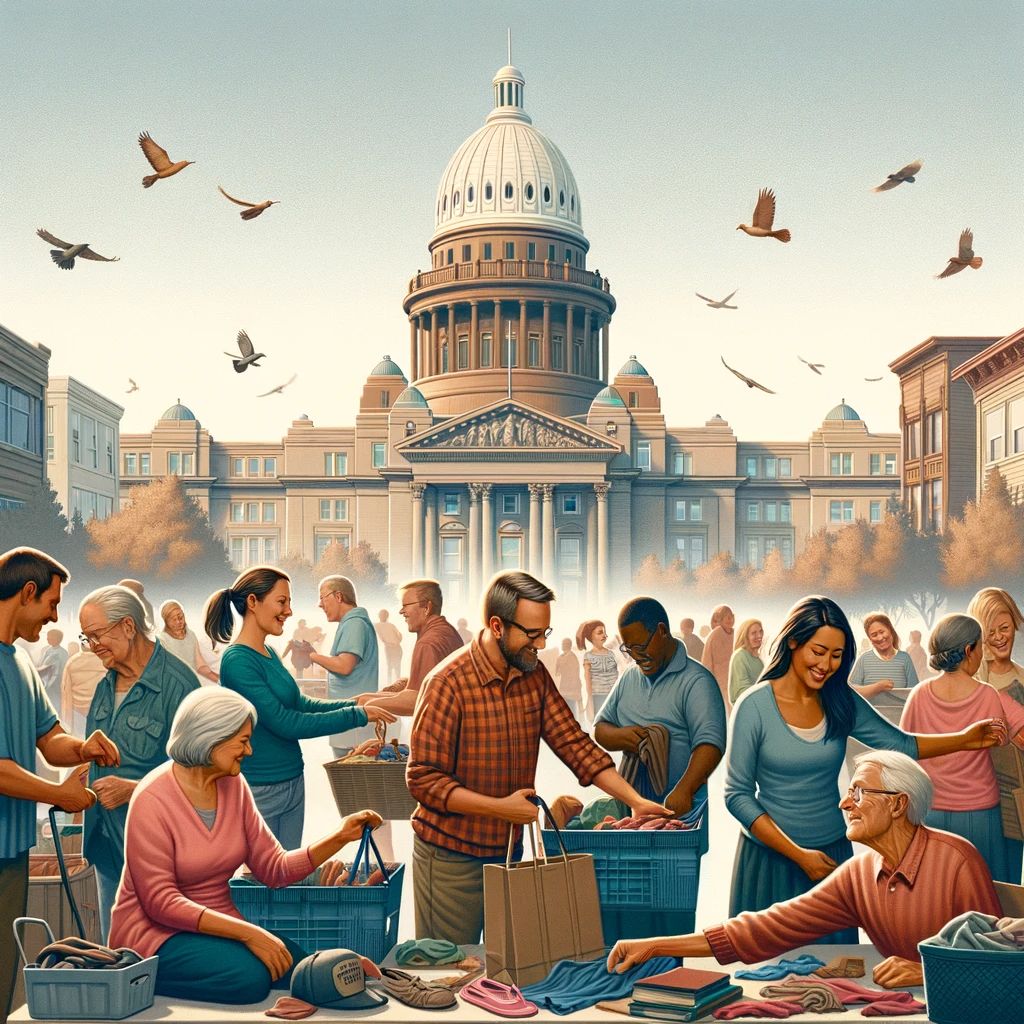 Illustration: In Boise, Idaho, a heartwarming scene unfolds at a local community event, where people of diverse ages and ethnicities engage in a communal activity. They share, donate, and receive various items, including clothes and books, against a backdrop subtly featuring Boise landmarks.